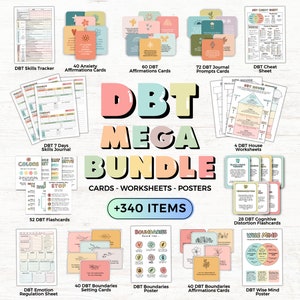 DBT-megabundel, kaarten voor dialectische gedragstherapie, copingvaardigheden, counseling voor geestelijke gezondheid, therapiehulpmiddelen, flashcards, werkbladen, posters