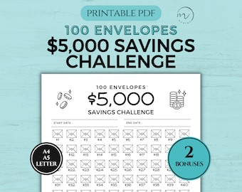 5K Savings Challenge Printable, 100 Envelope Savings Challenge, 5000 Savings Challenge, 5,000 Savings Tracker, PDF A4, A5, US Letter Size
