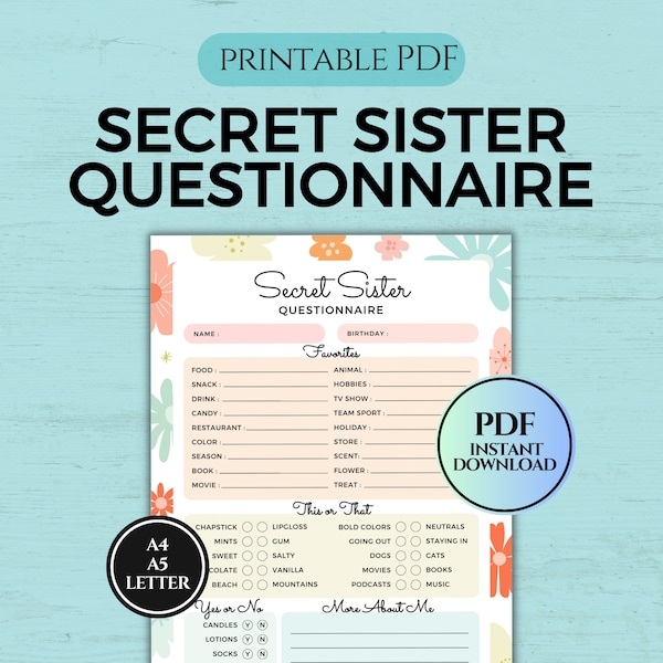 Secret Sister Questionnaire, YW Young Women's Camp, All About Me Survey, Gift Exchange Ideas, My Favorite Things Quiz, Printable PDF