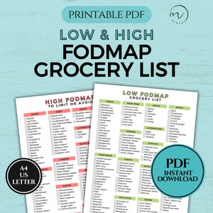 FODMAP-boodschappenlijst, PDS-voedsellijst, FODMAP-lijst, Low en High FODMAP-lijst, Gids voor dieetvoeding, Fodmap-boodschappenlijst, Fodmap-tabel, Afdrukbare pdf