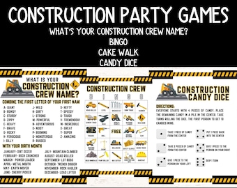 May include: Construction party game printable set with a yellow and black border. The set includes a construction crew name bingo card, a construction crew candy dice game, and a construction crew name game. The games feature construction equipment illustrations.