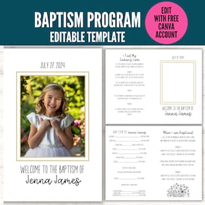 Peut inclure: Un modèle de programme de baptême imprimable avec une bordure dorée et une photo d'une jeune fille en robe blanche. Le programme comprend le texte "Programme de baptême", "Modèle modifiable", "Juillet 27, 2024", "Bienvenue au baptême de Jenna James", "Je ressens l'amour de mon Sauveur" et "Quand je suis baptisé".