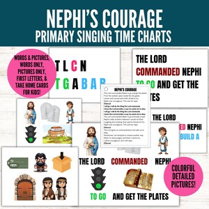 Könnte beinhalten: Bunt bedruckbare Charts für die primäre Singzeit mit dem Thema Nephis Mut. Die Charts beinhalten Wörter, Bilder und Anfangsbuchstaben. Die Charts sollen Kindern helfen, Nephis Mut und die Wichtigkeit des Gehorsams gegenüber den Geboten des Herrn zu lernen.