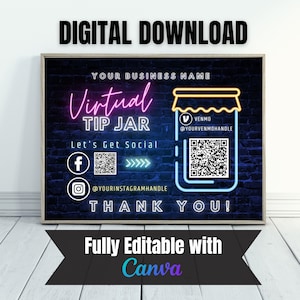 Virtual Tip Jar Printable, Virtual Tip Jar, Virtual Tip, Payment Sign PDF, Payment Sign, QR Code Template, QR Code Sign, Tips Accepted Sign