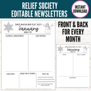 May include: Black and white printable template for a January Relief Society newsletter. The template features a snowflake and snowman design. The text "Sunrise Mountain Ward Relief Society January Newsletter" is at the top of the page.