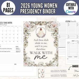 Op de afbeelding: Een planner met de tekst "2026 Young Women Presidency Binder" en "Editable with Canva". De binder bevat een kalender, pagina's voor evenementenplanning en budgettrackers. De omslag toont bloemmotieven en religieuze tekst.