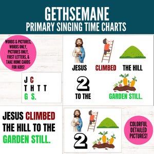 Puede incluir: Un conjunto de tablas imprimibles coloridas para enseñar a los niños la historia de Jesús yendo al Jardín de Getsemaní. Las tablas incluyen imágenes, palabras y primeras letras. El texto en la tabla dice "Jesús subió la colina hasta el jardín."