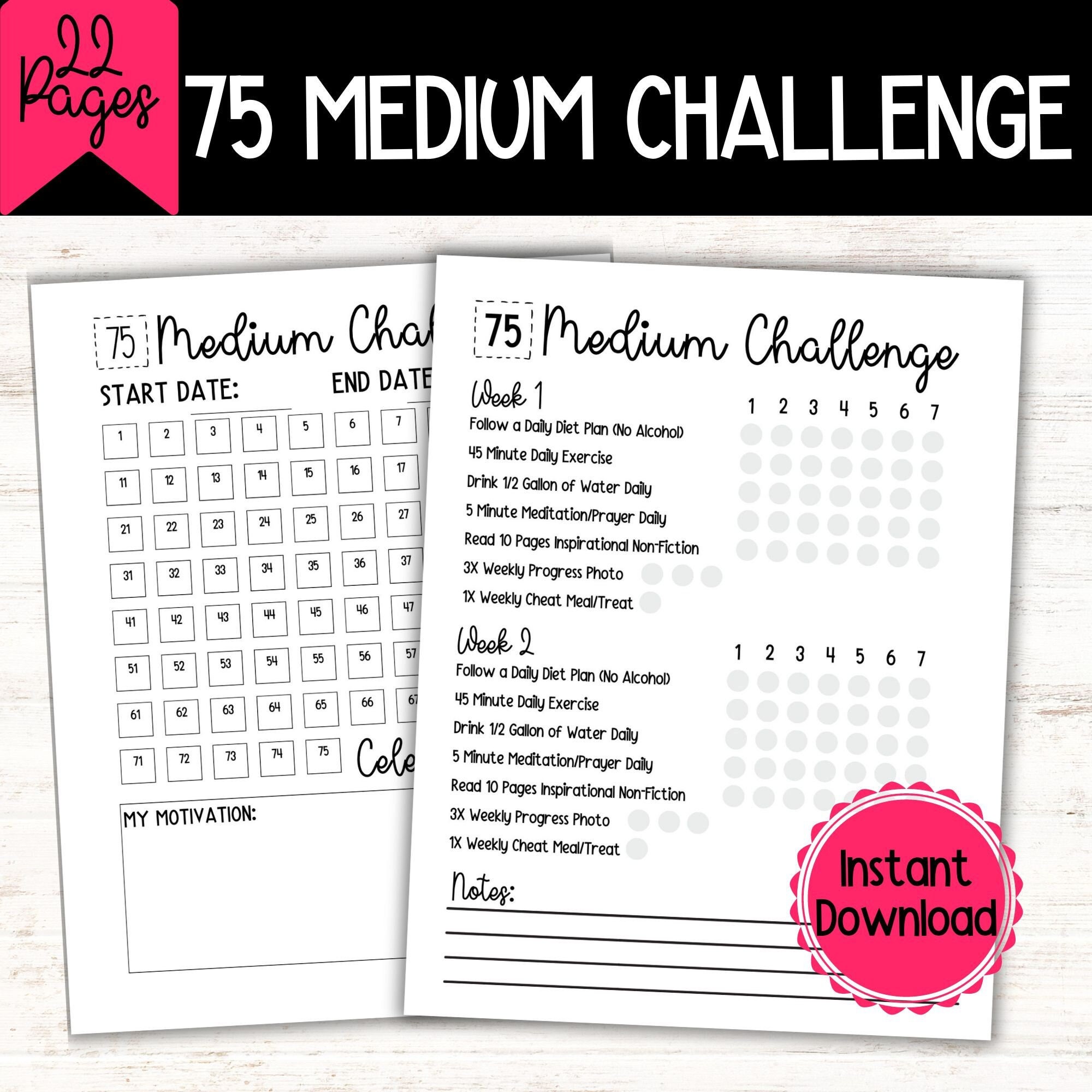 75 Medium Challenge, 75 Medium Challenge Printable, 75 Day Challenge