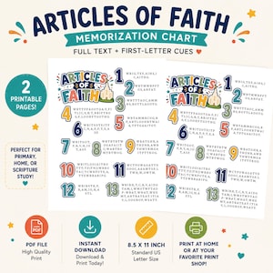 May include: A printable Articles of Faith memorisation chart featuring two pages with numbered lists from 1 to 13. Each number corresponds to first-letter cues for scripture verses. The design includes colourful text, a temple illustration, and 21.6 x 27.9 cm dimensions.