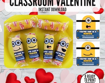 Kids Classroom Valentine, Minion Valentine, Valentine Tags, Printable Valentine, Printable Valentine Card, DIY Valentine Classroom Valentine