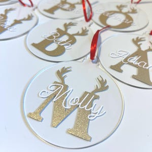 Personalised Acrylic Christmas Bauble: Gold Shimmer Antler Initial