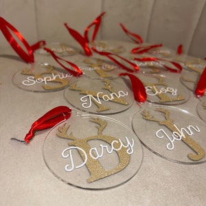 Personalised Clear Initial Bauble | Antler Initial | Christmas Acrylic Bauble | Gold Shimmer