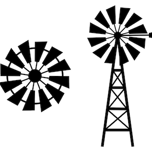 May include: Black and white illustration of a windmill. One windmill is shown from above, and the other is a side view of a windmill with a tall tower and blades. The blades are black and the background is white.