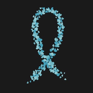 May include: A ribbon shape made of small, light blue hearts on a black backdrop. The hearts are grouped together, creating the outline of a ribbon, with the ribbon's ends slightly angled.