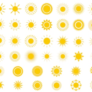 May include: A set of 40 yellow sun icons in various styles, including simple circles, rays, and starbursts. These icons are perfect for adding a touch of sunshine to any design project.