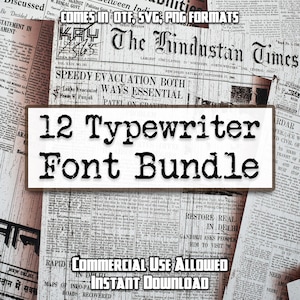 May include: A digital download graphic featuring a bundle of 12 typewriter fonts. The text "12 Typewriter Font Bundle" is displayed in a bold, vintage typewriter font. The background includes newspaper clippings with headlines and articles.