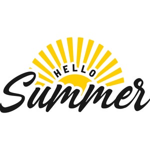 May include: A yellow sun with rays and the text "Hello Summer" in black lettering.