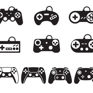 May include: A set of nine black and white illustrations of different video game controllers. The controllers are all in a simple, flat style and are arranged in a grid.