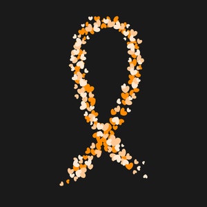 May include: Orange and white heart-shaped confetti arranged in the shape of an awareness ribbon.