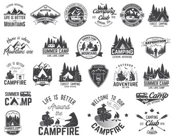 Camping SVG Bundel, PNG - 24 Camper Svg, Zomer Svg, Avontuur Svg, Kampvuur Svg, Bergen Svg, Cut Files Cricut, Silhouet, Afdrukbaar