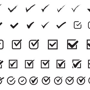 May include: A set of 36 black checkmark icons in various styles, including hand-drawn, square, and circle shapes. The icons are arranged in rows and columns on a white background.