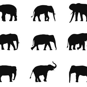 Puede incluir: Siluetas de nueve elefantes en varias poses, todos mirando hacia adelante. Los elefantes son negros sobre un fondo blanco.