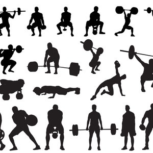 May include: Silhouettes of people performing various weightlifting exercises, including squats, deadlifts, bench presses, and overhead presses. The image is a black and white illustration.