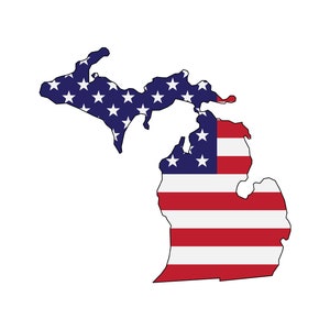 Może przedstawiać: Zarys stanu Michigan z wzorem amerykańskiej flagi. Gwiazdy są niebieskie, a pasy są czerwone i białe.