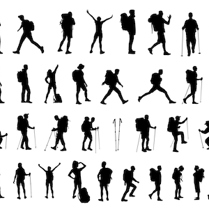 Puede incluir: Siluetas de personas haciendo senderismo con mochilas y bastones de senderismo. Los excursionistas llevan ropa informal y llevan mochilas. Algunos usan bastones de senderismo para apoyarse.