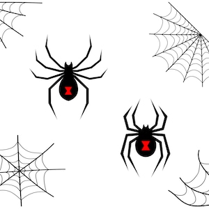May include: Black and red spider silhouettes with black spiderwebs in the corners of the image.