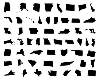 May include: Black and white silhouette outlines of all 50 US states.