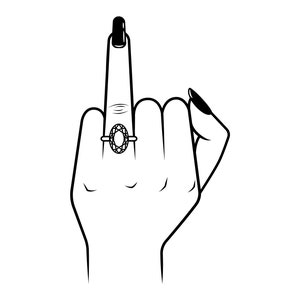 May include: A black and white line drawing of a hand giving the middle finger. The middle finger has a ring with a large oval-shaped gemstone.