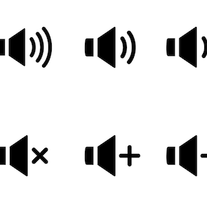 May include: Six black and white icons depicting different volume levels. The icons show a speaker with sound waves, a speaker with a plus sign, a speaker with a minus sign, and a speaker with a mute symbol.