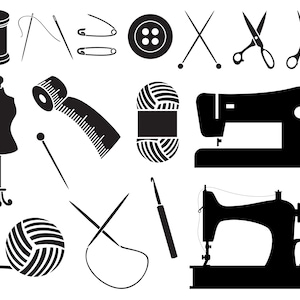 Puede incluir: Ilustración en blanco y negro de herramientas de costura y artesanía. Incluye una bobina de hilo, agujas, imperdibles, un botón, agujas de tejer, tijeras, un maniquí, una cinta métrica, lana y máquinas de coser.