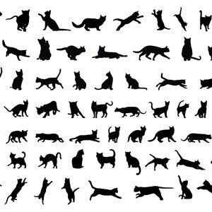 May include: A collection of black cat silhouettes in various poses, including sitting, standing, jumping, and lying down. The silhouettes are all facing different directions and are arranged in a random pattern.