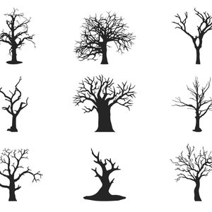 May include: A set of nine black silhouette illustrations of bare trees with branches reaching towards the sky. The trees are isolated on a white background.