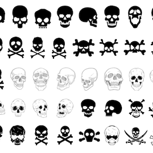 May include: A collection of black and white skull and crossbones illustrations. The skulls are in various poses and angles, some with detailed features and others more stylized. The crossbones are also in different styles, some with a more traditional look and others more modern.