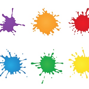 Peut inclure: Six éclaboussures de peinture colorées dans différentes couleurs : violet, orange, rouge, bleu, vert et jaune. Les éclaboussures sont isolées sur un fond blanc.