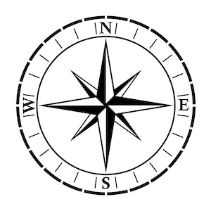 May include: A black and white compass with a star-shaped needle pointing north. The compass has a circular face with a black border and white markings. The letters N, S, E, and W are printed on the compass face.