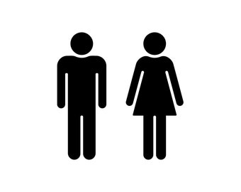 May include: Black and white silhouette icons of a person and a person wearing a skirt.