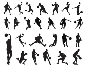 May include: Silhouettes of basketball players in various poses, including dribbling, shooting, and jumping. The players are all in black against a white background.