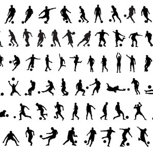 サッカー SVG バンドル、PNG、サッカー選手のシルエット SVG、フットボール SVG、サッカー選手 SVG、Cricut、Silhouette、Cameo 用のカット ファイル