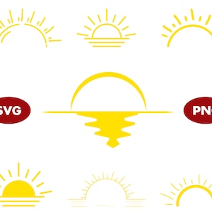 Può includere: Set di nove icone di silhouette di tramonto gialle. Le icone rappresentano diversi stili di tramonto, tra cui un arco semplice, un sole con raggi e un sole che tramonta sull'acqua. Le icone sono perfette per l'uso nel web design, nella grafica o in qualsiasi altro progetto in cui è necessario un'icona di tramonto.