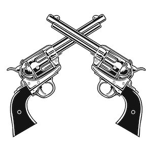 May include: Black and white illustration of two crossed revolvers. The revolvers are detailed with visible triggers, hammers, and grips. The image is set against a plain white background, emphasizing the classic design of the firearms.