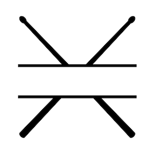 May include: Black and white illustration of two crossed drumsticks with a blank space in the middle for text.
