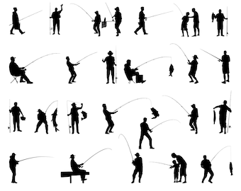 漁師 SVG バンドル、PNG、Cricut、Silhouette、Cameo 用の釣りカット ファイル、漁師シルエット SVG