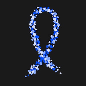 May include: A blue ribbon made of small white and blue hearts. The ribbon is a symbol of awareness and support for a cause.