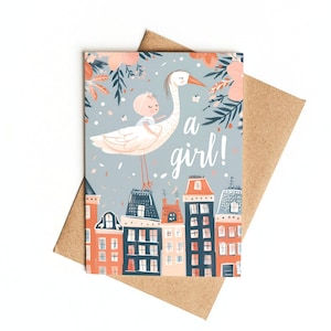 Amsterdam Baby girl card A6, cartolina neonata, Amsterdam new baby card, cartoline, cartolina, biglietto di auguri cartolina illustrata