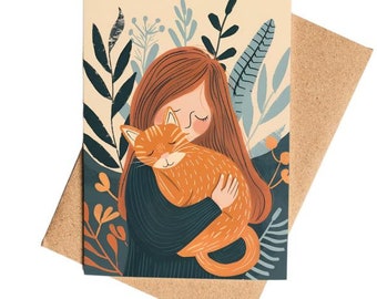 Cat Hug Card Cute A6 Cat Postcard Greeting Card for Cat Lovers Cozy Animal Illustration Handmade Cat Art Gift for Pet Lovers