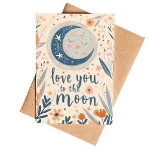 Love You to the Moon A6 Postkarte Romantische Karte zum Valentinstag, Süße Gruß Karte, Geschenk Karte, Valentine Grußkarte
